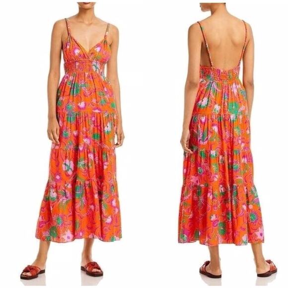 Derek Lam 10 Crosby Floral Midi Dress Orange Linen Cecelia Size 10 - Picture 6 of 10